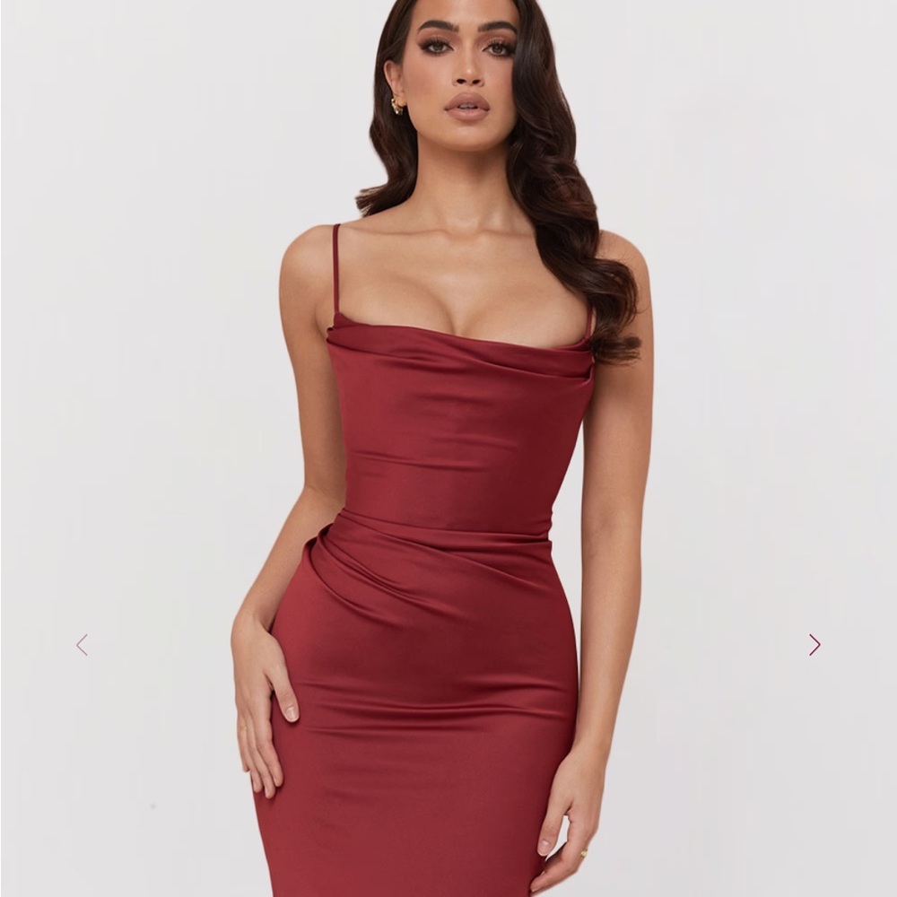 House of CB Anja Wine Satin Midi Dress – Size L +, NWT